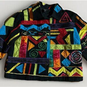 Vtg Daniel K Blazer Large Bright Boho Art Embroidered Patchwork Jacket READ